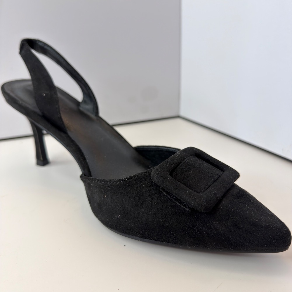 Coutgo Womens Black Faux Suede Buckle Pointed Toe Slingback Kitten Heels Size 10
